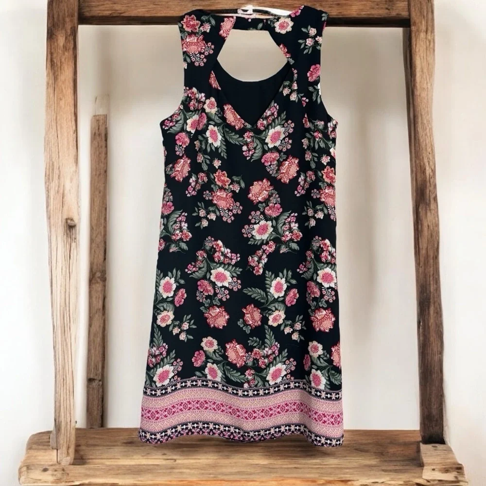 Pink Republic Tank Sleeveless Shift Dress Floral Black Pink Keyhole back Sz S - Picture 2 of 2
